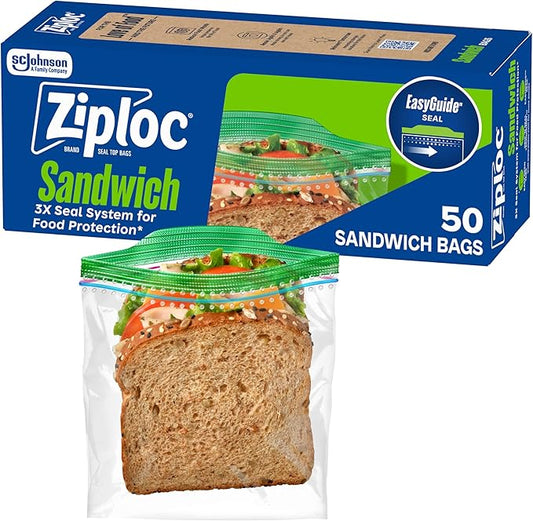 Ziploc Sandwich and Snack Bags with EasyGuide Texture, Plastic Storage Bags with Grip 'n Seal Technology, 50 Bags Total