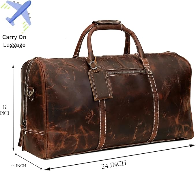Leather 24 Inch Duffle Bag for Men and Women Large Carry On Luggage Weekender Travel Overnight Gym Sports Bag for Airplanes