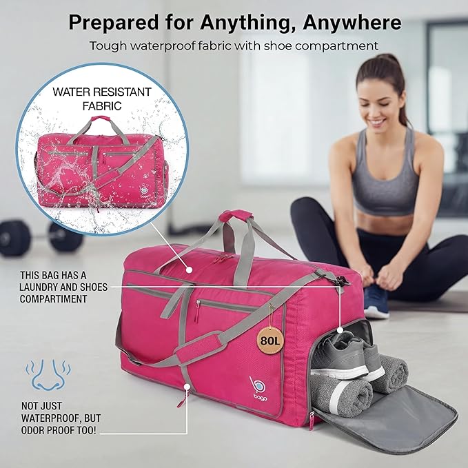 Bago Large Foldable Duffel Bags for Traveling Women & Men - 80L Packable Duffle Bag for Travel with Shoe Compartment - Water Repellant, Heavy Duty, Lightweight Folding & Collapsible (Pink)