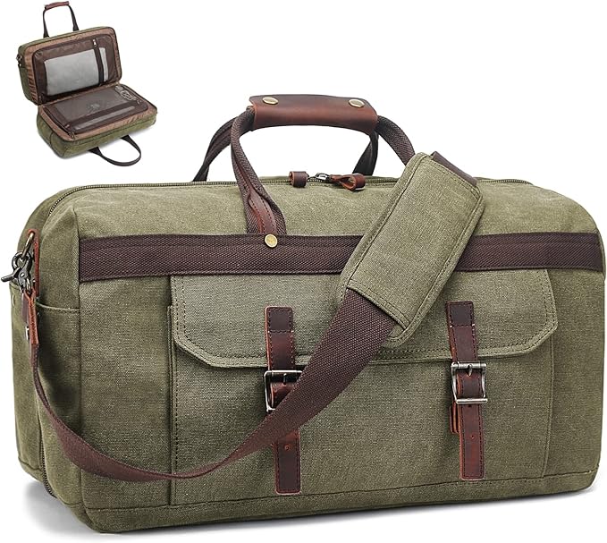 Duffle Bag for Men Waterproof Genuine Leather Canvas Travel Duffel Bags for Women Overnight Weekender Bag for Traveling