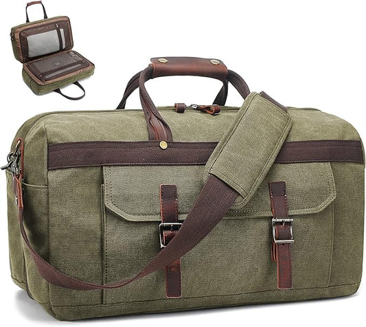 Duffle Bag for Men Waterproof Genuine Leather Canvas Travel Duffel Bags for Women Overnight Weekender Bag for Traveling