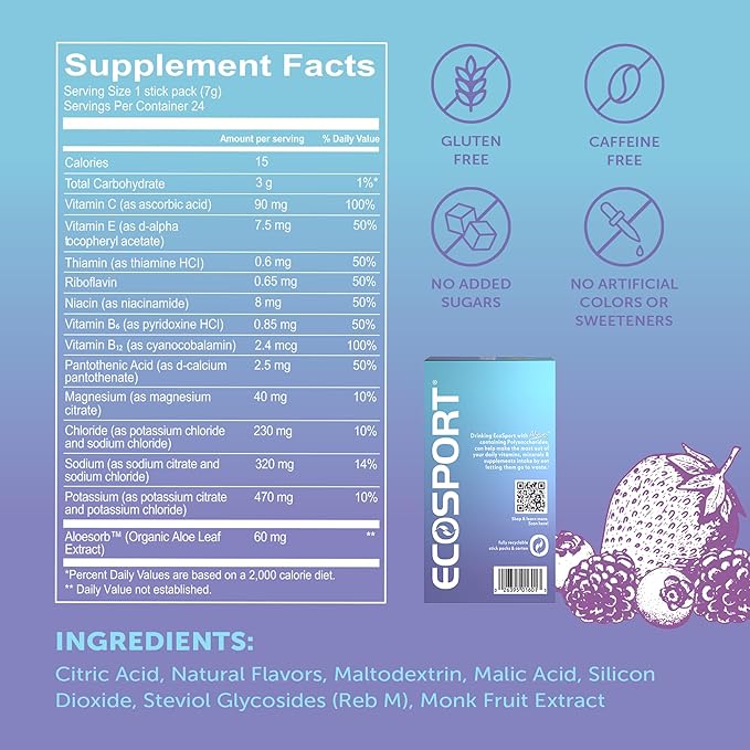 Lily of the Desert EcoSport Instant Hydration Packets - Naturally Sweetened with Electrolytes, Vitamin C, B Vitamins & Aloe, Blueberry Acai, 24 Count, 0.25 Oz Ea