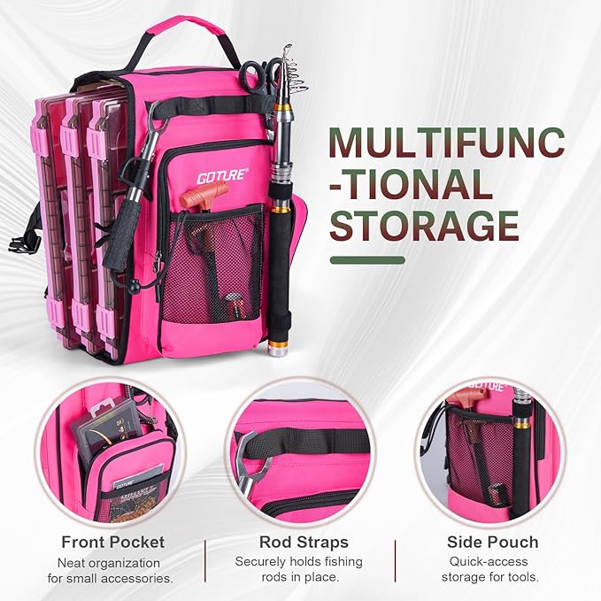 Goture OpenSide Tactical Sling Tackle Bag with 3 Tackle Trays and Fishing Tools, Lightweight Fishing Backpack Storage for Gear and Equipment - Pink Bag Outdoor, Gift for Women