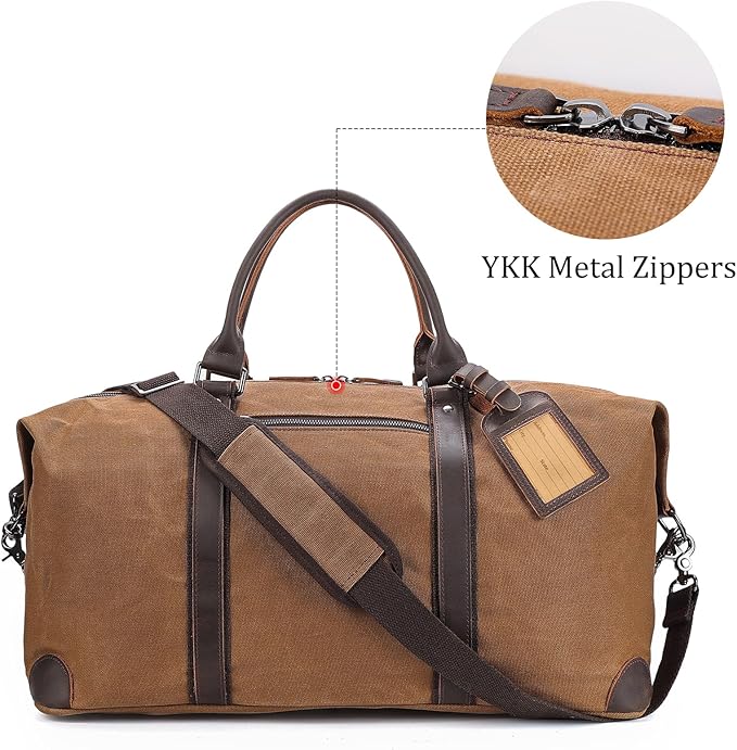 Polare 22” Waxed Canvas Cowhide Leather Travel Duffel Bag Waterproof Overnight Carry on Luggage Duffle 40L Sports Gym Weekender Bag