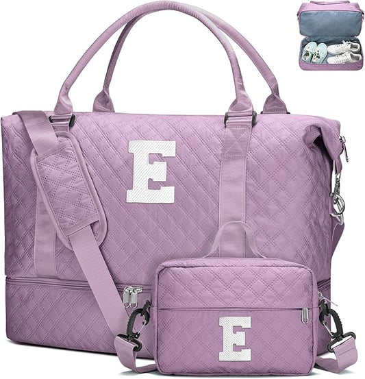 WOOMADA Initial Duffle Bag with Shoe Compartment,Personalized Weekender Bag, Overnight Bag for Women Girls, Gym Bag with Toiletry Bag