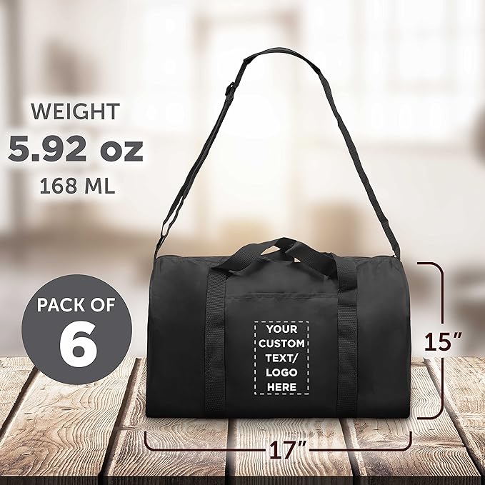 6 Sporty Duffle Bags Set - Customizable Text, Logo - Polyester, Adjustable Strap, Front Pocket, Roll Styling - Black