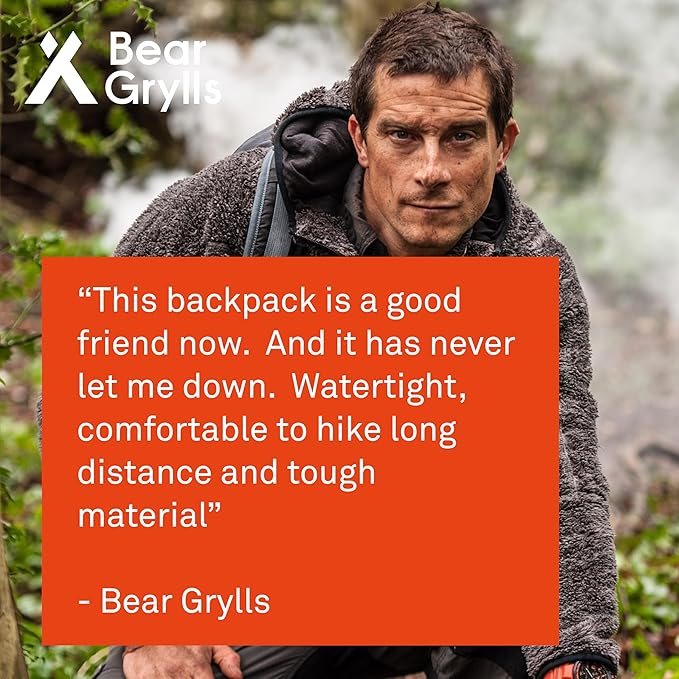 Bear Grylls 65L + 5L Hiking Hydration Backpack, Perfect For Backpacking, Large Pack With Separated Bottom Compartment, Camping, Mountain Biking, Skiing, Snowboarding, For Men and Women - Black