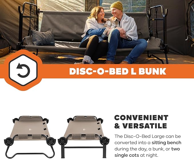 Disc-O-Bed Large Portable Bunk Camping Cots with Carry Bags - Heavy-Duty Indoor or Outdoor Sleeping System, Converts to Bench or Separate Beds, 500 lb Weight Capacity Per Cot