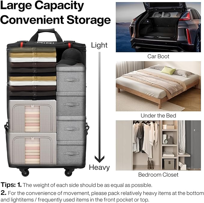 mixi Travel Bag with Wheels Expandable Foldable Luggage Bag Collapsible Rolling Travel Bag Duffel Bag Large Capacity Suitcase for Men Women, Black