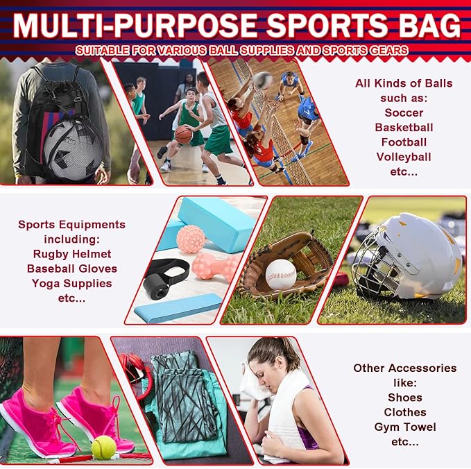 KAEGREEL Drawstring Soccer Bag Basketball Backpack for Kids Teens, Foldable Sports Bags Detachable Ball Mesh Bag for Gym Yoga Football Baseball