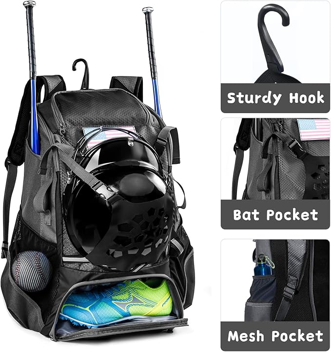 Baseball Backpack for Youth, Boys, Adults - Bat and Softball Equipment Bag With Glove Holder, Helmet, Shoes Compartment - T-Ball Accessories and Baseball Gifts