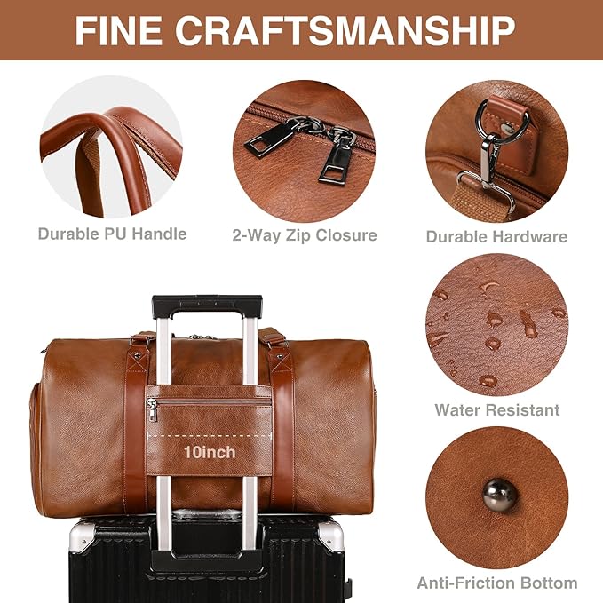 3-in-1 Leather Duffle Bag for Travel with Toiletry Bag and Shoe Compartment, Weekender Overnight Gym Bag for Men Women, Carry On Bag Fits 21 Inch Laptop