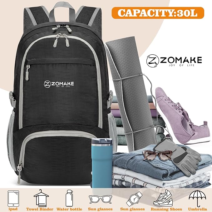 ZOMAKE Lightweight Packable Backpack 30L, Foldable Hiking Backpacks Water Resistant Compact Folding Daypack for Travel(Pure Black)