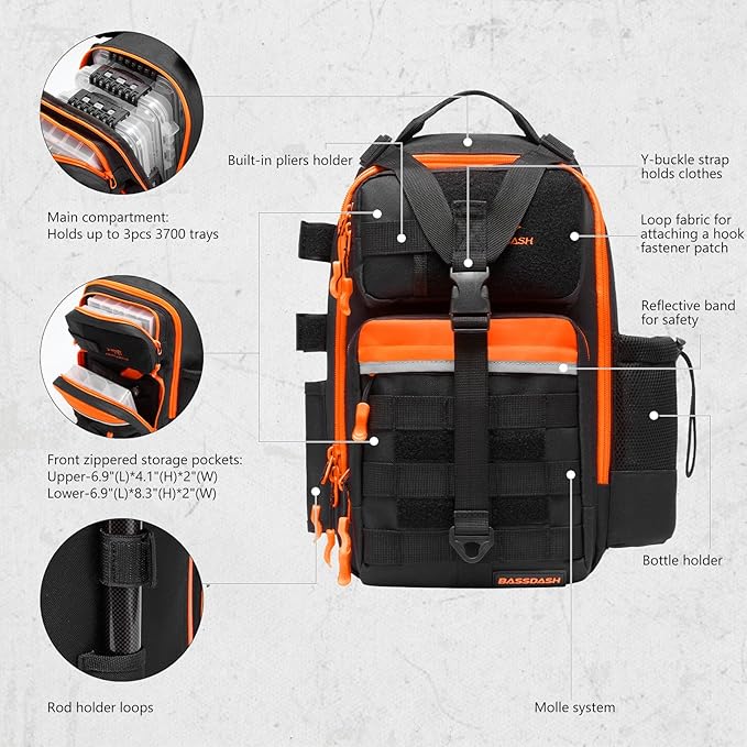 BASSDASH Convertible Fishing Backpack Sling Bag with Rod Holder, Adjustable Tactical Water-Resistant Tackle Storage Pack FP07