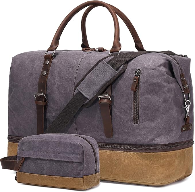 FENGDONG Weekender Bag Large Overnight Bag for Men Women Tote with Shoe Compartment Canvas Carry on Luggage Bag Travel Duffel Bag Gray