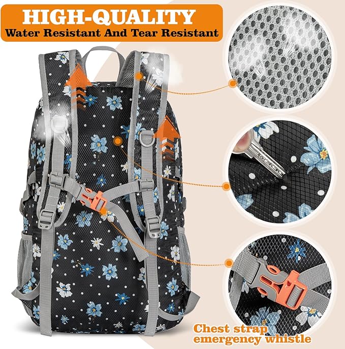 ZOMAKE Lightweight Packable Backpack 30L, Foldable Hiking Backpacks Water Resistant Compact Folding Daypack for Travel(Black,Floral pattern)