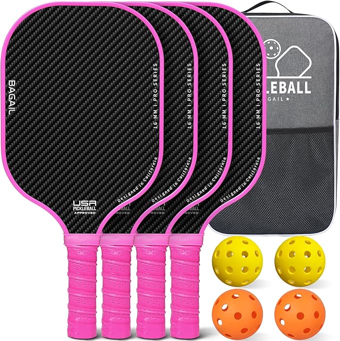 BAGAIL Pickleball Paddles, USAPA Approved Fiberglass Surface Pickleball Set, Lightweight Pickle Ball Rackets with 4 Balls, 1 Bag, Designed in California for Traction and Stability