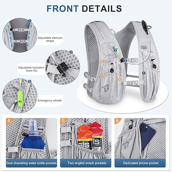 BECOJADDE Running Vest Hydration Backpack for Men Women, 5L Lightweight Running Backpack Hydration Pack for Marathon, Trail, Cycling, Hiking, Jogging