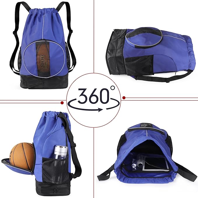 Basketball Backpack, 45 L Drawstring Sports Bag with Large Shoe Compartment and Wet Pockets for Women Men Gym Bag