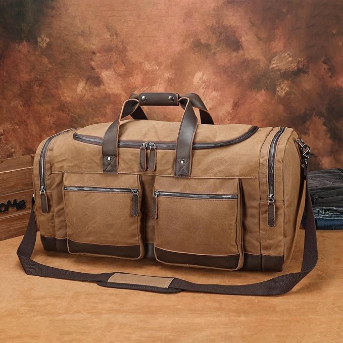 Polare 26” Waxed Canvas Cowhide Leather Waterproof Travel Duffel Bag Trim Luggage Weekender Overnight Carry on Hand Bag (Brown-26")