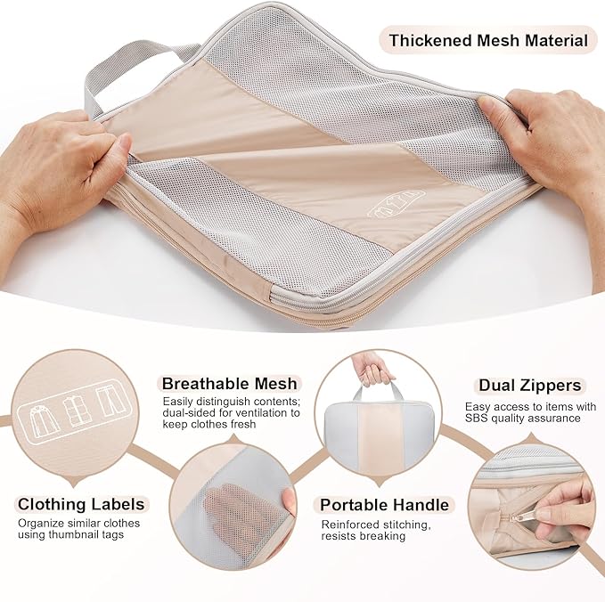 8 Set Compression Packing Cubes for Travel Gifts Women Mom,OlarHike Luggage Clothes Organizer for Travelers,Airplane/Cruise/Car/Train Travel Essentials,Compressible Expandable Saver Space Bags(Beige)
