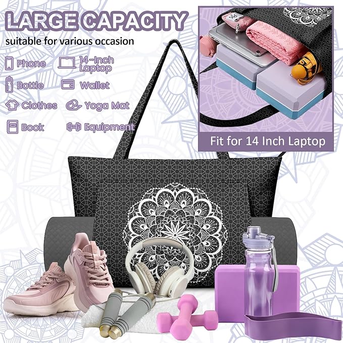 Adalore Women's Yoga Bag with Yoga Mat Carrier - Large Mat Pocket Fitness Tote for Pilates, Gym, Travel, Office & Beach