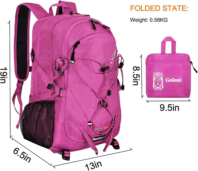 45L Hiking Backpack with Rain Cover, Lightweight Foldable Camping Backpack for Trekking, Water-Resistant Daypack with Hiking Pole & Mat Carrying System,Rose
