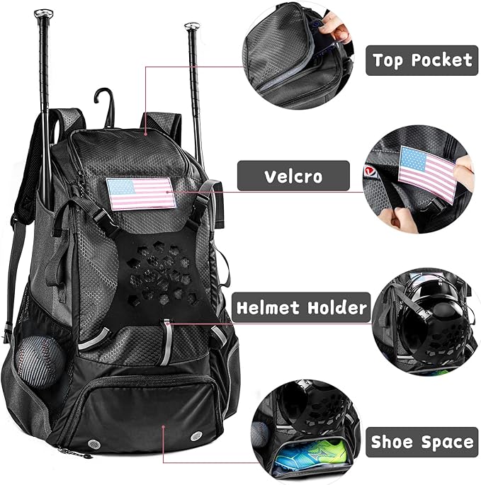 Baseball Backpack for Youth, Boys, Adults - Bat and Softball Equipment Bag With Glove Holder, Helmet, Shoes Compartment - T-Ball Accessories and Baseball Gifts