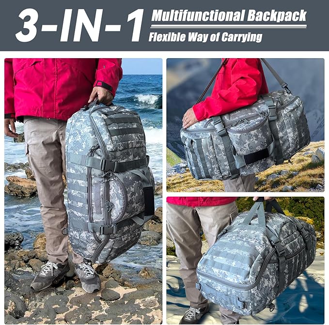 65L Large Duffle Bag, 3-in-1 Tactical Backpack MOLLE Pack for Sports, Gym, Outdoor, ACU