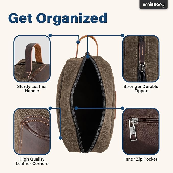 emissary Men's Toiletry Bag, Leather and Canvas Travel Toiletry Bag, Dopp Kit for Men, Travel Bathroom Bag Men's Shaving Kit, Travel Kit Small Bags for Men, Shaving Bag for Travel Accessories (Coffee)