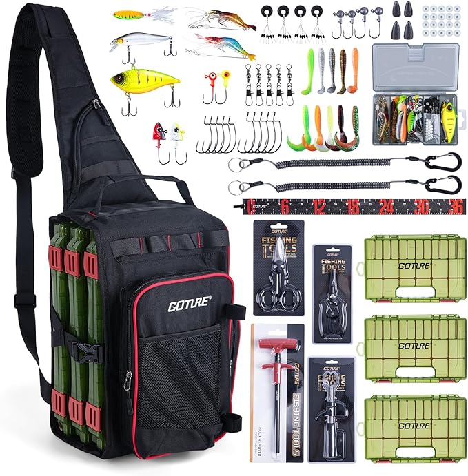 Goture OpenSide Tactical Sling Tackle Bag with 3 Tackle Trays and Fishing Tools, Lightweight Fishing Backpack Storage Gear - Black Bag, Gift for Men
