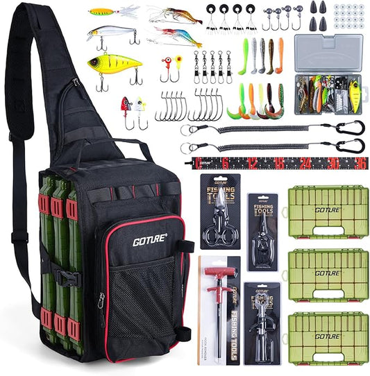 Goture OpenSide Tactical Sling Tackle Bag with 3 Tackle Trays and Fishing Tools, Lightweight Fishing Backpack Storage Gear - Black Bag, Gift for Men