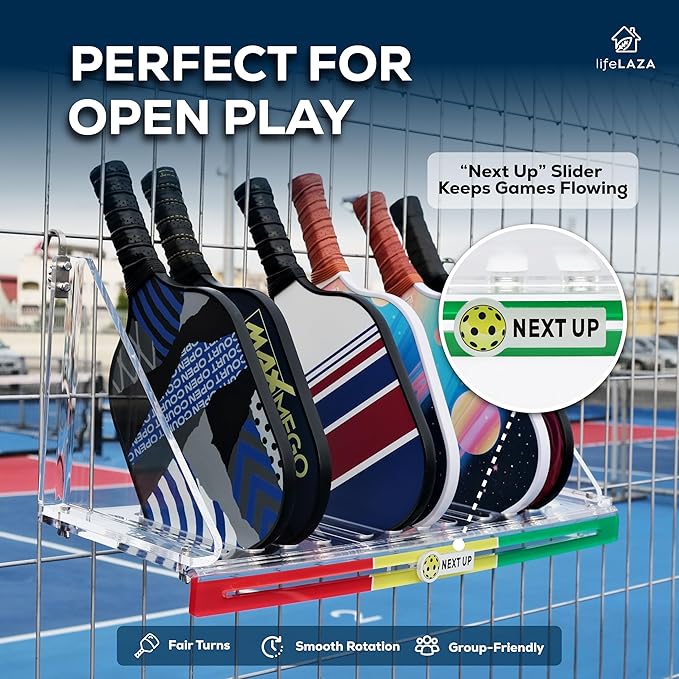 LifeLAZA Acrylic Pickleball Paddle Rack, Premium Pickleball Paddle Holder Holds 12 Paddles, Next Up Slider Tracker Rotation Rack Paddle Up System, Fence Mount Racket Rack Holder