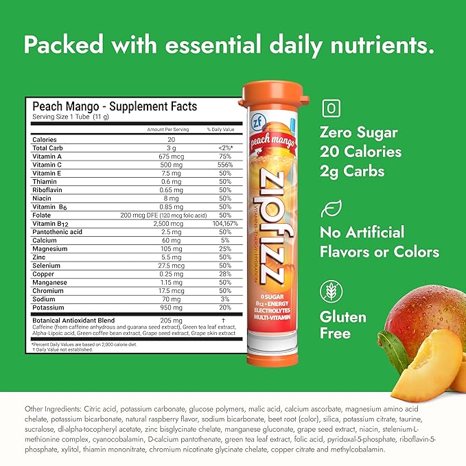 Zipfizz Daily Energy Drink Powder, Peach Mango, 20 Pack | 3-in-1 Sustained Energy, Rapid Hydration, and Essential Vitamins | Sugar-Free | Electrolyte Powder | Contains Vitamin B-12 & Antioxidants