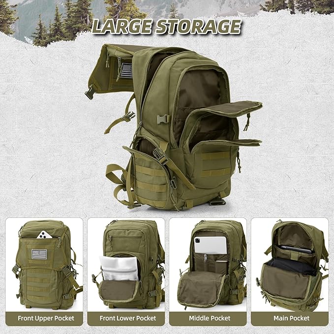 AUMENTAR 35L Military Tactical Backpack for Men, Water Resistant Assault Pack for Women, Army Green Molle Daypack 3 Day Bug Out Bag Rucksack for Trekking,Camping,Survival,EDC