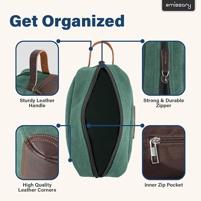 emissary Men's Toiletry Bag, Leather and Canvas Travel Toiletry Bag, Dopp Kit for Men, Travel Bathroom Bag Men's Shaving Kit, Travel Kit Small Bags for Men, Shaving Bag for Travel Accessories (Green)