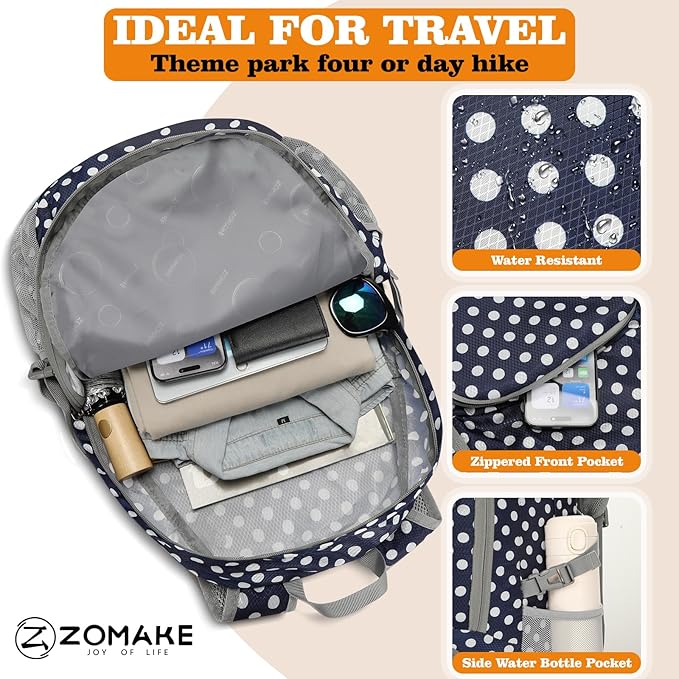 ZOMAKE Lightweight Packable Backpack 30L, Foldable Hiking Backpacks Water Resistant Compact Folding Daypack for Travel(Navy Blue,White polka dots)