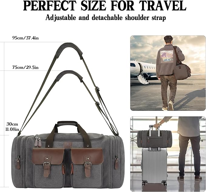 Canvas Duffle Bag for Men 50L Travel Duffel Bags Expandable Genuine Leather Duffel Overnight Weekender Carry On Bag Two Zipper Pockets Travel Bag (Grey, Large-50L)