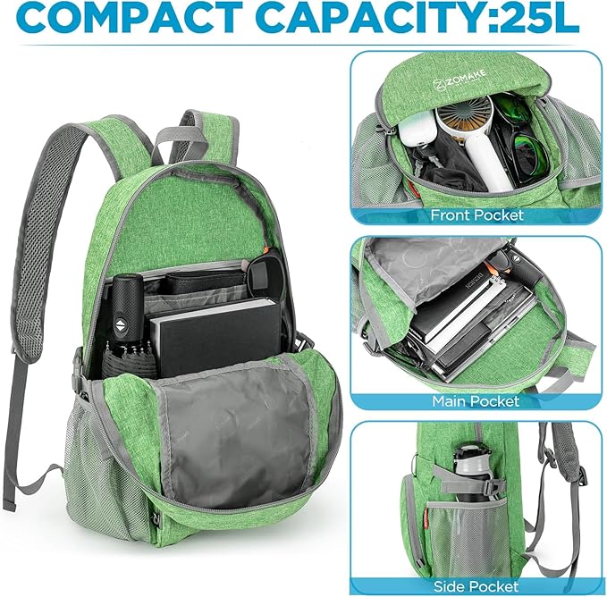 ZOMAKE Ultra Lightweight Packable Backpack 25L,Small Foldable Backpacks Hiking Water Resistant Collapsible Daypack for Women Men(Dark Green-B3)