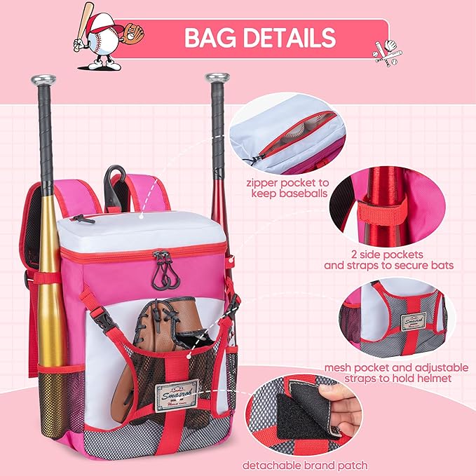 Youth Baseball Bag for T Ball, Rec and Travel Ball, Softball Bag with Helmet Holder and Fence Hook