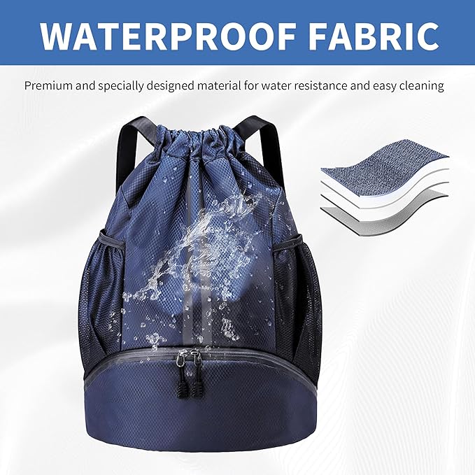 Drawstring Backpack Gym Bag with Shoes Compartment for Soccer, Basketball, Swim, Water-Resistant String Backpack Beach Cinch for Women Men, Navy Blue