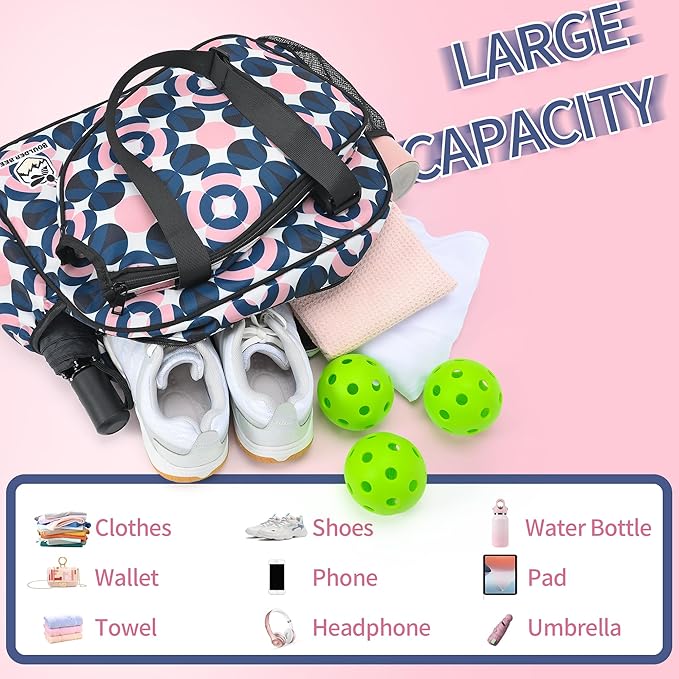 Boulder Bee Pickleball Bags, Premium Pickleball Tote Bag for Girls, Women’s Hand/Shoulder Gym Bag w Water Bottle Holder, with Pickleball Racquet/Paddle Holder