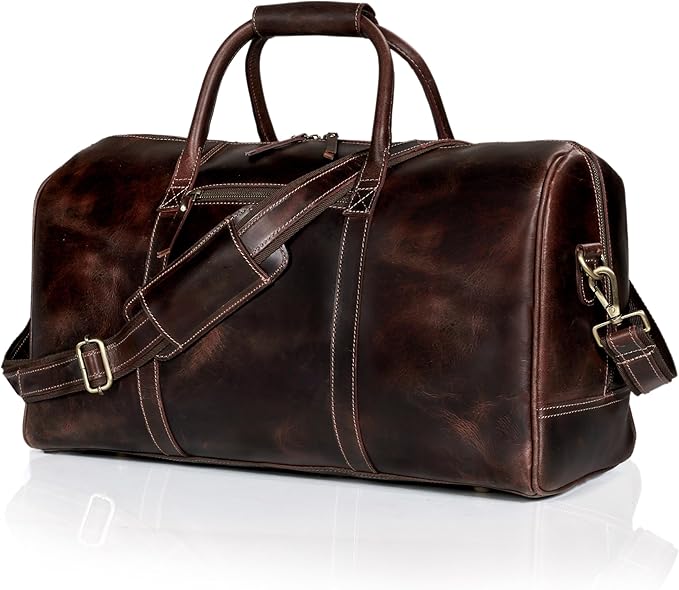 21 Inch Genuine Buffalo Leather Travel Duffle Bag | Overnight Weekend Leather Bag | Sports Gym Duffel for Men| Airplane Under Seat Carry on Bags (brown)