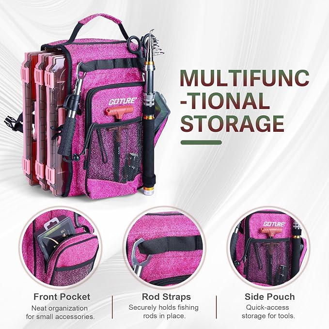 Goture OpenSide Tactical Sling Tackle Bag with 3 Tackle Trays,Lures & Fishing Tools, Lightweight Fishing Backpack Storage for Fishing Gear-Shimmering Pink Bag, Gift for Women