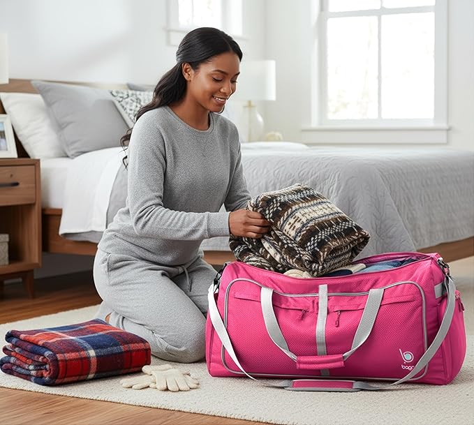 Bago Large Foldable Duffel Bags for Traveling Women & Men - 100L Packable Duffle Bag for Travel with Shoe Compartment - Water Repellant, Heavy Duty, Lightweight Folding & Collapsible (Pink)