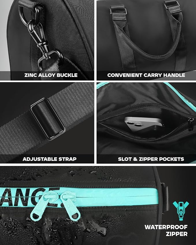 4Pcs/Set Gym Bag Swim Heavy Duty Sports Duffel Bag for Women and Men Waterproof Travel Workout Weekender Bag with 3 Accessory Bags of Wet & Dry Separation Upgrades 2.0 Black&Blue