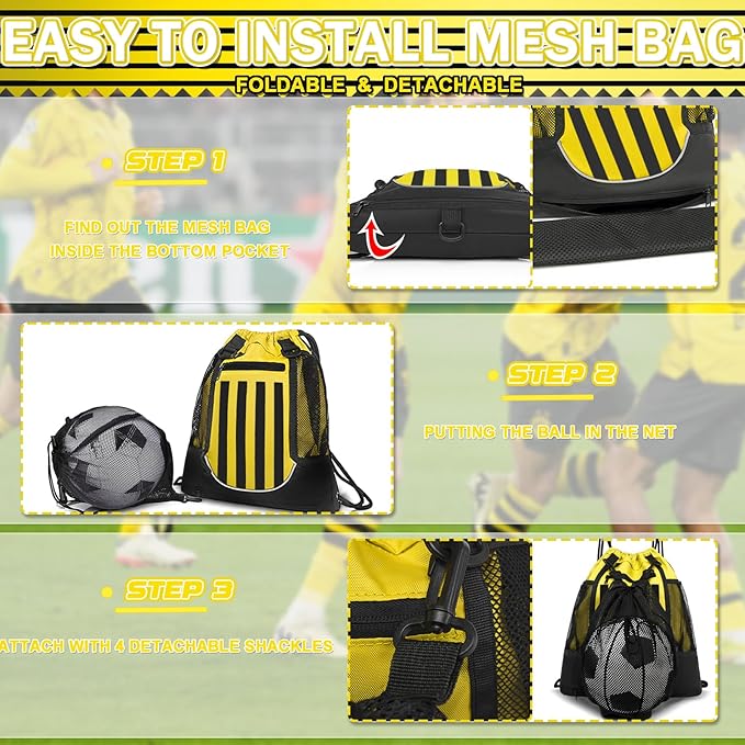 KAEGREEL Drawstring Soccer Bag Basketball Backpack for Kids Teens, Foldable Sports Bags Detachable Ball Mesh Bag for Gym Yoga Football Baseball