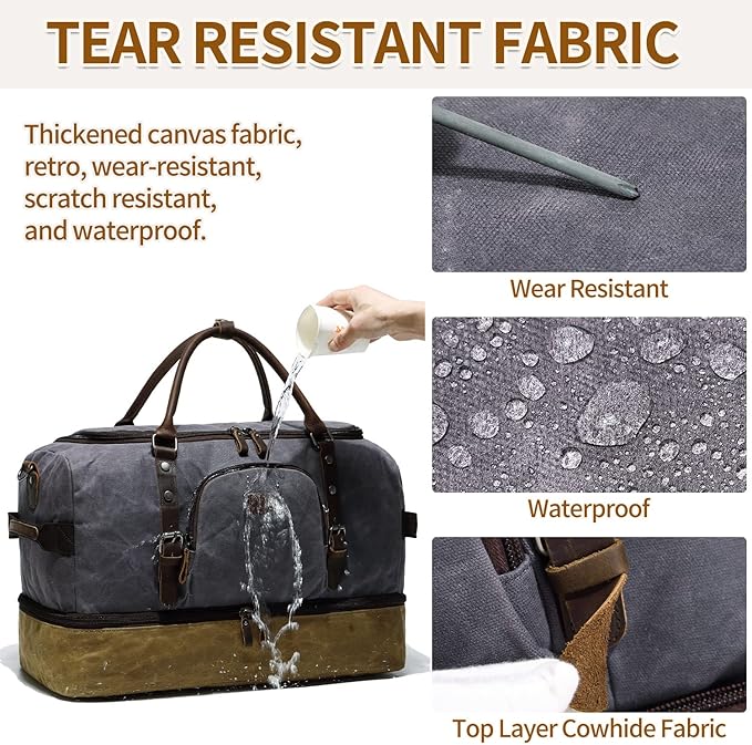 Nerlion Weekender Bag with Shoe Compartment Large Overnight Bag for Men Canvas Genuine Leather Carry on Luggage Bag Travel Duffel Bag(Gray)