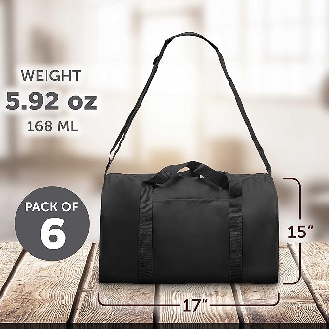6 Sporty Duffle Bags Set - Polyester, Adjustable Strap, Front Pocket, Roll Styling - Black