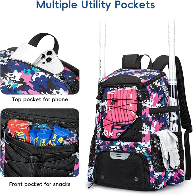 Baseball Bag for Youth and Adult, Softball Backpack 40L Large Capacity, Bat Backpack with Shoes Compartment and Hidden Helmet Holder